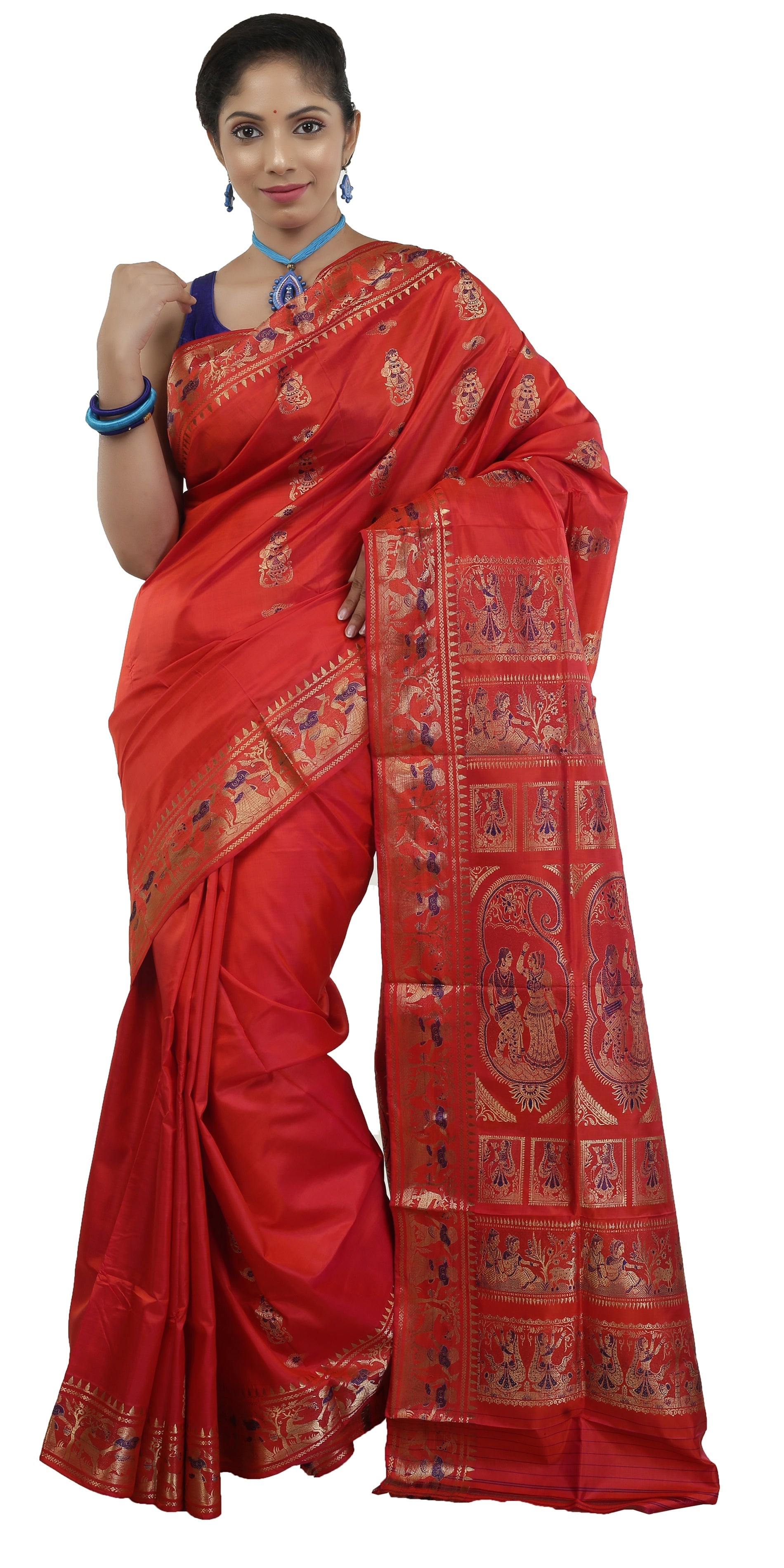 Tomato Red, Blue, and Magenta Aesthetic Baluchari saree – Bombyx Mori -  Sarees