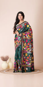 Green Blended Silk Kantha Saree with Floral Motifs-Kantha saree-parinitasarees