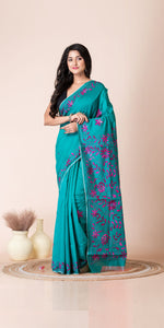 Green Blended Silk Kantha Saree with Floral Motifs-Kantha saree-parinitasarees