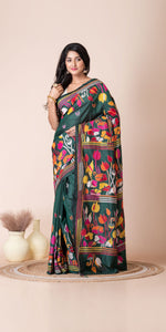 Green Blended Silk Kantha Saree with Floral Motifs-Kantha saree-parinitasarees