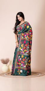 Green Blended Silk Kantha Saree with Floral Motifs-Kantha saree-parinitasarees