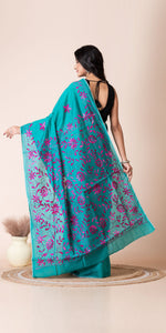 Green Blended Silk Kantha Saree with Floral Motifs-Kantha saree-parinitasarees