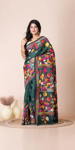 Green Blended Silk Kantha Saree with Floral Motifs-Kantha saree-parinitasarees