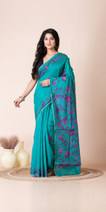 Green Blended Silk Kantha Saree with Floral Motifs-Kantha saree-parinitasarees