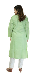 Green Cotton Chikankari Kurti with Floral Motifs-Women's Chikankari Kurti-parinitasarees