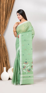 Green Cotton Jamdani with Floral Motifs-Jamdani saree-parinitasarees