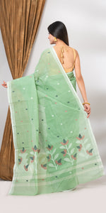 Green Cotton Jamdani with Floral Motifs-Jamdani saree-parinitasarees