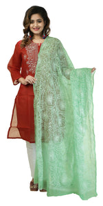 Green Georgette Dupatta with Chikankari Embroidery-Dupattas-parinitasarees