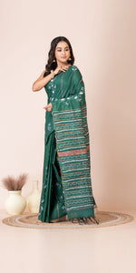 Green Khes Kantha Saree with Floral Patterns-Kantha saree-parinitasarees