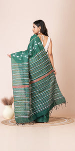 Green Khes Kantha Saree with Floral Patterns-Kantha saree-parinitasarees