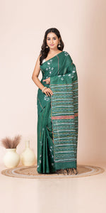 Green Khes Kantha Saree with Floral Patterns-Kantha saree-parinitasarees