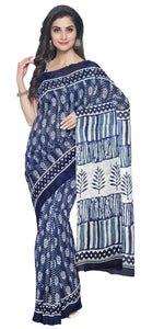 Indigo Mul Cotton Saree with Floral Block Prints-Mul Cotton-parinitasarees