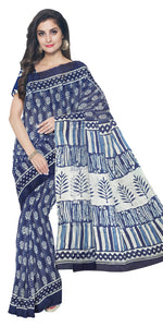 Indigo Mul Cotton Saree with Floral Block Prints-Mul Cotton-parinitasarees