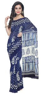 Indigo Mul Cotton Saree with Paisley Block Prints-Mul Cotton-parinitasarees