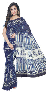 Indigo Mul Cotton Saree with Paisley Block Prints-Mul Cotton-parinitasarees