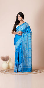 Light Blue Blended Silk Kantha Saree with Kutch Embroidery-Kantha saree-parinitasarees