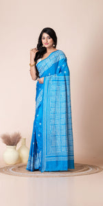 Light Blue Blended Silk Kantha Saree with Kutch Embroidery-Kantha saree-parinitasarees