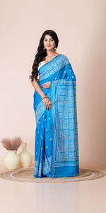 Light Blue Blended Silk Kantha Saree with Kutch Embroidery-Kantha saree-parinitasarees