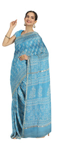 Light Blue Chanderi Saree with Dabu Block Prints-Chanderi Sarees-parinitasarees