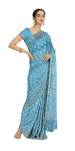 Light Blue Chanderi Saree with Dabu Block Prints-Chanderi Sarees-parinitasarees