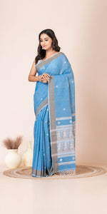 Light Blue Handspun Cotton Saree with Baluchari Weaves-Handspun Cotton-parinitasarees