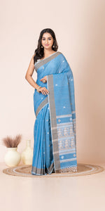 Light Blue Handspun Cotton Saree with Baluchari Weaves-Handspun Cotton-parinitasarees