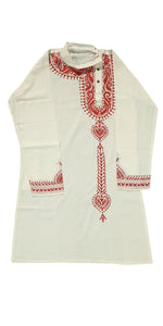 Light Cream Panjabi with Red Kantha Embroidery-Men's Kurtas-parinitasarees