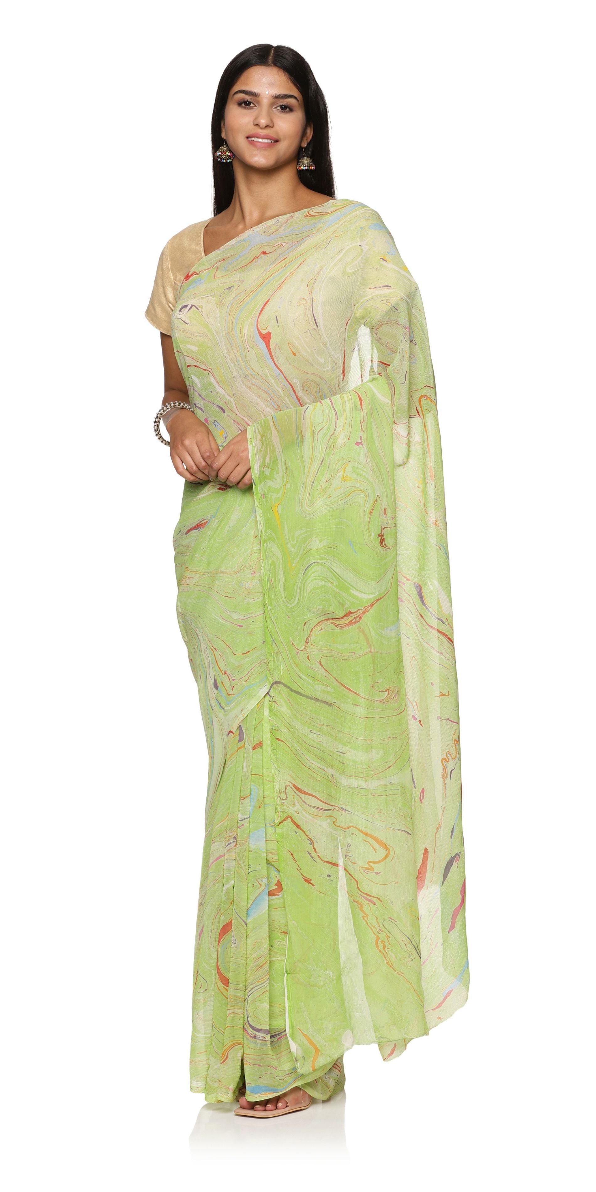 Digital Printed Chiffon Saree in Light Green : SKK37688