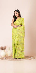 Light Green Khes Kantha Saree with Floral Patterns-Kantha saree-parinitasarees