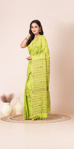 Light Green Khes Kantha Saree with Floral Patterns-Kantha saree-parinitasarees