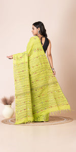 Light Green Khes Kantha Saree with Floral Patterns-Kantha saree-parinitasarees