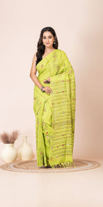 Light Green Khes Kantha Saree with Floral Patterns-Kantha saree-parinitasarees