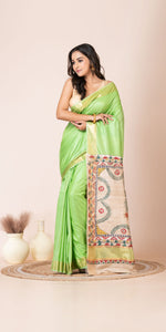 Light Green Madhubani Painted Bapta Tussar Silk Saree-Tussar Saree-parinitasarees