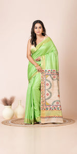 Light Green Madhubani Painted Bapta Tussar Silk Saree-Tussar Saree-parinitasarees