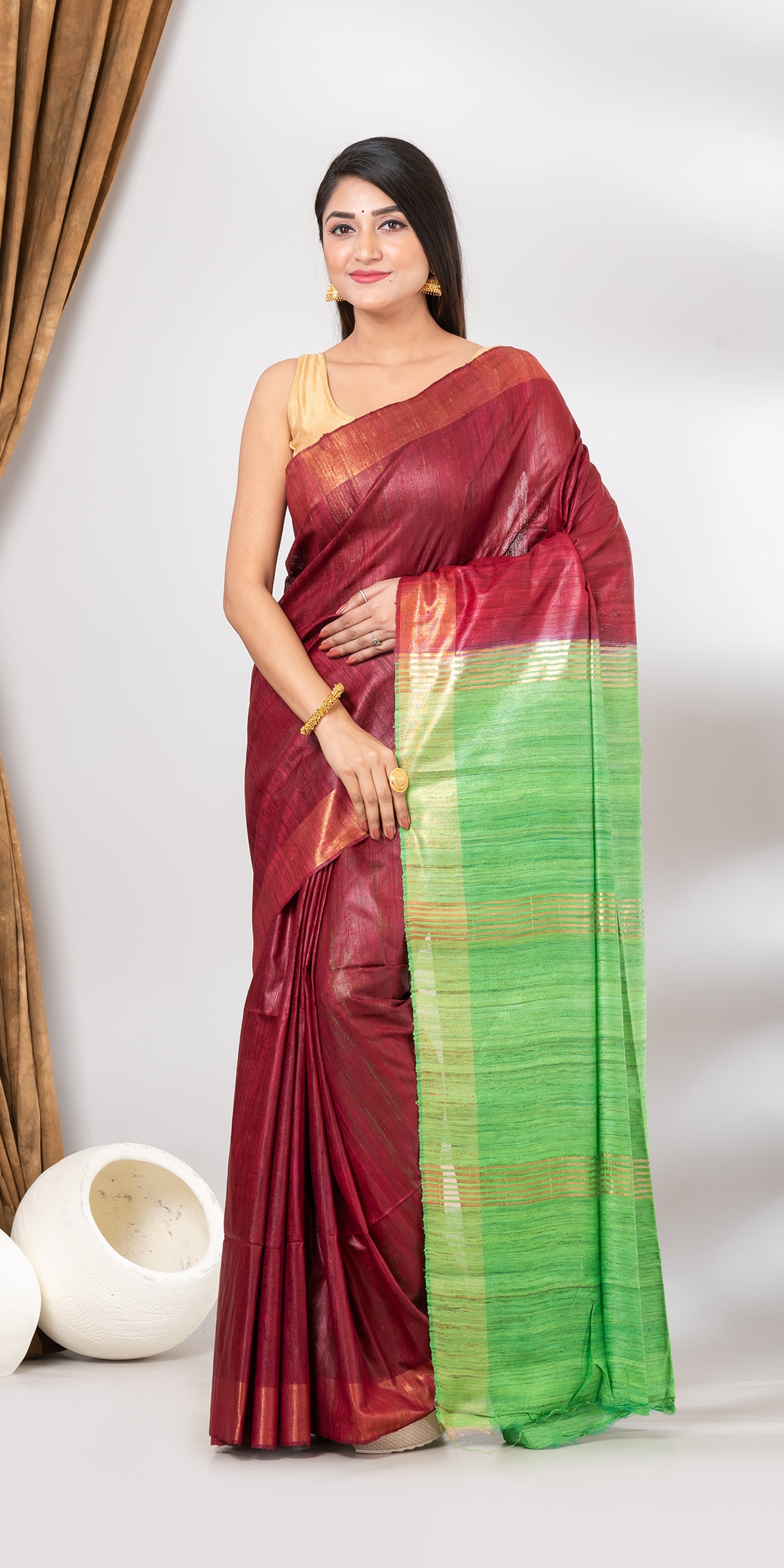 Maroon With Gold Border Soft Silk Saree – Maharani