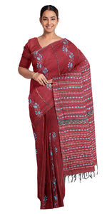 Maroon Khes Kantha Saree with Floral Motifs-Kantha saree-parinitasarees