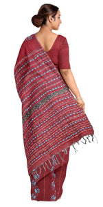 Maroon Khes Kantha Saree with Floral Motifs-Kantha saree-parinitasarees