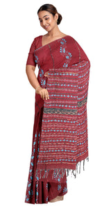 Maroon Khes Kantha Saree with Floral Motifs-Kantha saree-parinitasarees