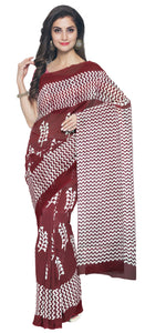 Maroon Mul Cotton Saree with Floral Block Prints-Mul Cotton-parinitasarees