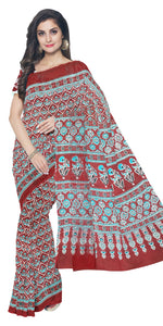 Maroon Mul Cotton Saree with Floral Block Prints-Mul Cotton-parinitasarees