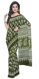 Mehendi Mul Cotton Saree with Floral Block Prints-Mul Cotton-parinitasarees