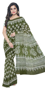 Mehendi Mul Cotton Saree with Floral Block Prints-Mul Cotton-parinitasarees