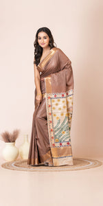 Mocha Madhubani Painted Bapta Tussar Silk Saree-Tussar Saree-parinitasarees