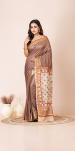 Mocha Madhubani Painted Bapta Tussar Silk Saree-Tussar Saree-parinitasarees