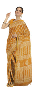 Mustard Chanderi Saree with Dabu Block Prints-Chanderi Sarees-parinitasarees