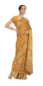 Mustard Chanderi Saree with Dabu Block Prints-Chanderi Sarees-parinitasarees