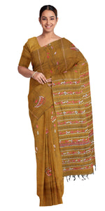 Mustard Khes Kantha Saree with Tabla Motifs-Kantha saree-parinitasarees