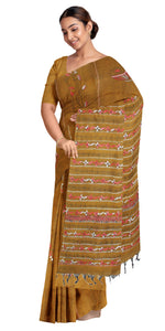 Mustard Khes Kantha Saree with Tabla Motifs-Kantha saree-parinitasarees