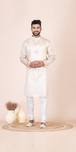 Off-white Pure Kosa Silk Men's Kurta with Silk Mark-Men's Kurtas-parinitasarees