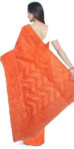 Orange Dhakai Jamdani with Floral Motifs-Jamdani saree-parinitasarees